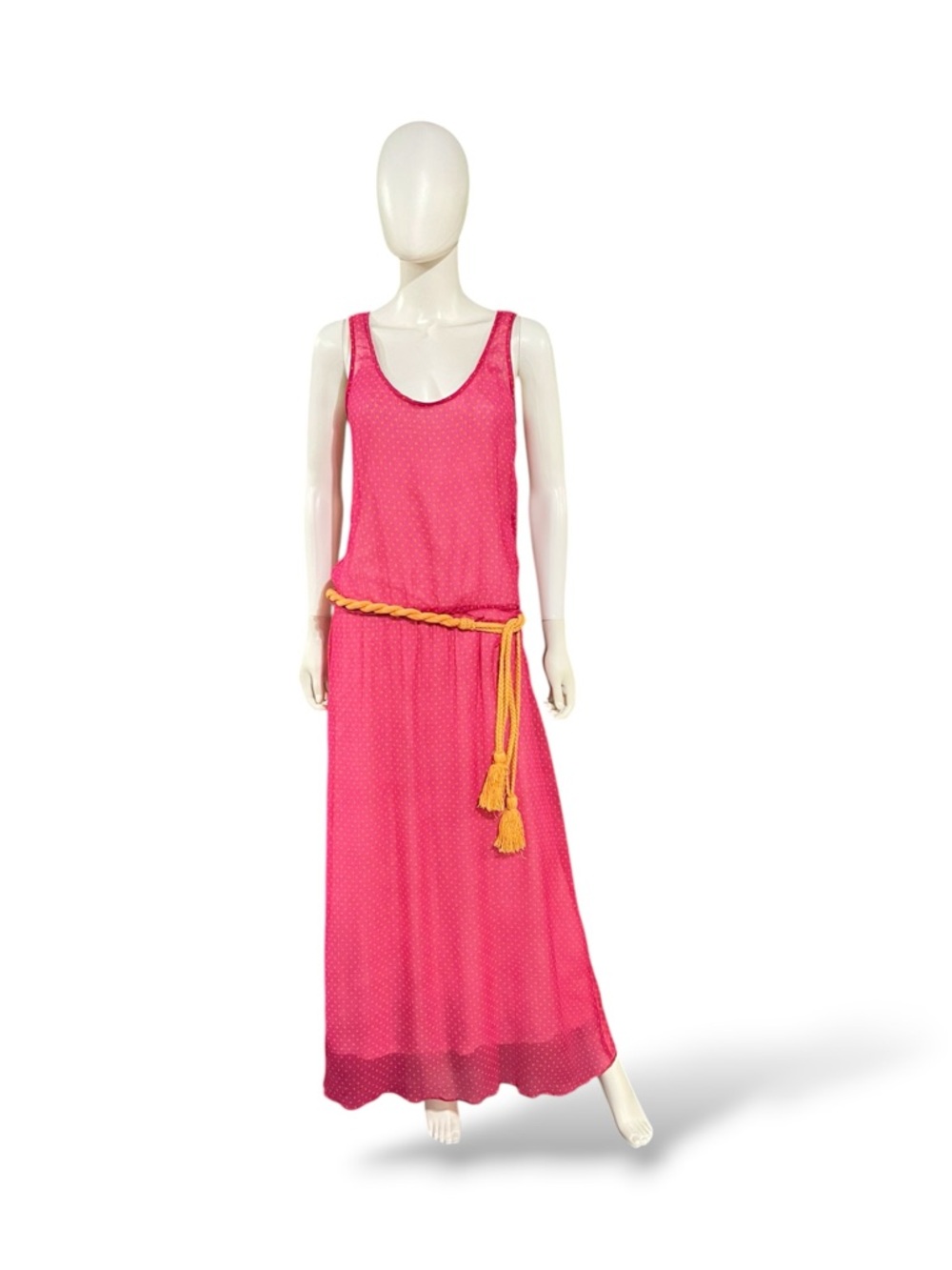 Corey Lynn Calter Fuchsia Chiffon Maxi Orange Polka-Dot Dress w Tassel Belt, 10